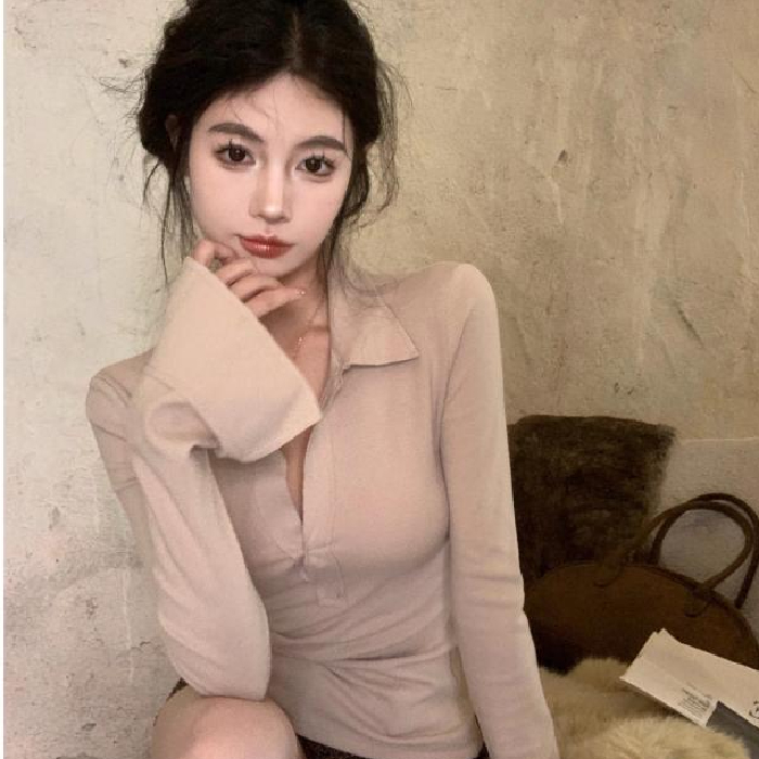 設計感小眾2024春款新款修身別致翻領長袖T恤女POLO領氣質打底衫