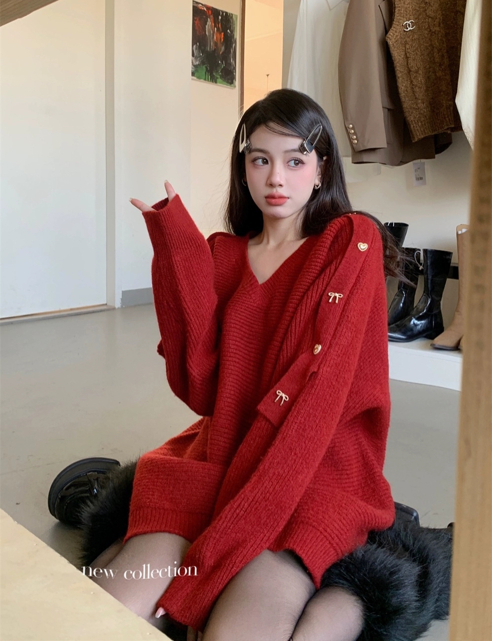 過年氛圍感紅色中長款V領毛衣女秋冬本命年衣服加厚針織衫上衣潮