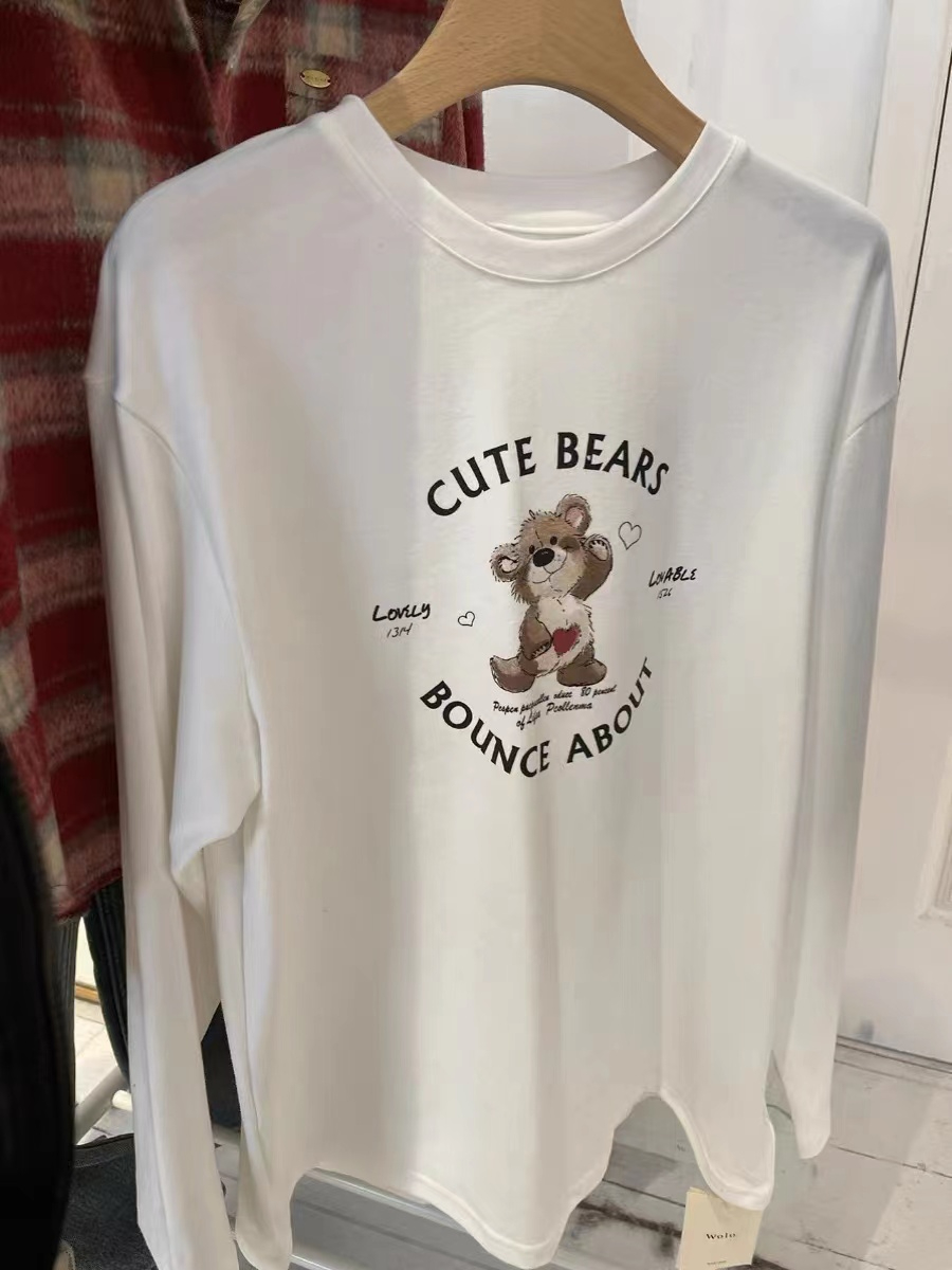 Silk cotton double-sided velvet letter cartoon print round neck pullover long-sleeved T-shirt with bottoming shirt for women