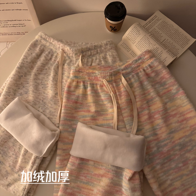 實拍冬季加絨加厚彩虹色鬆緊抽繩休閒褲女寬鬆顯瘦闊腿直筒褲