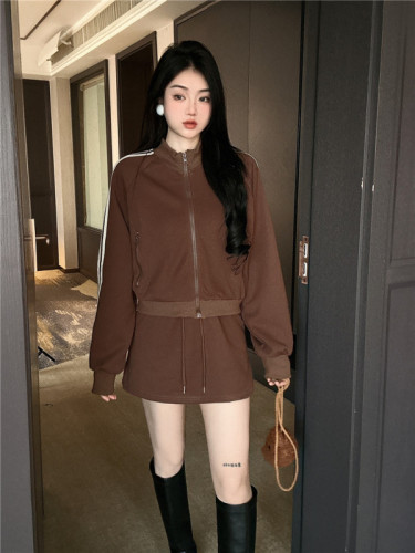 Actual shot of new design retro American short sweatshirt jacket + high-waisted slim skirt of the same color