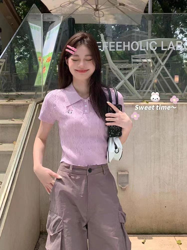 宋小恩針織polo衫短袖t恤女夏裝薄款修身刺繡翻領正肩短款體恤潮