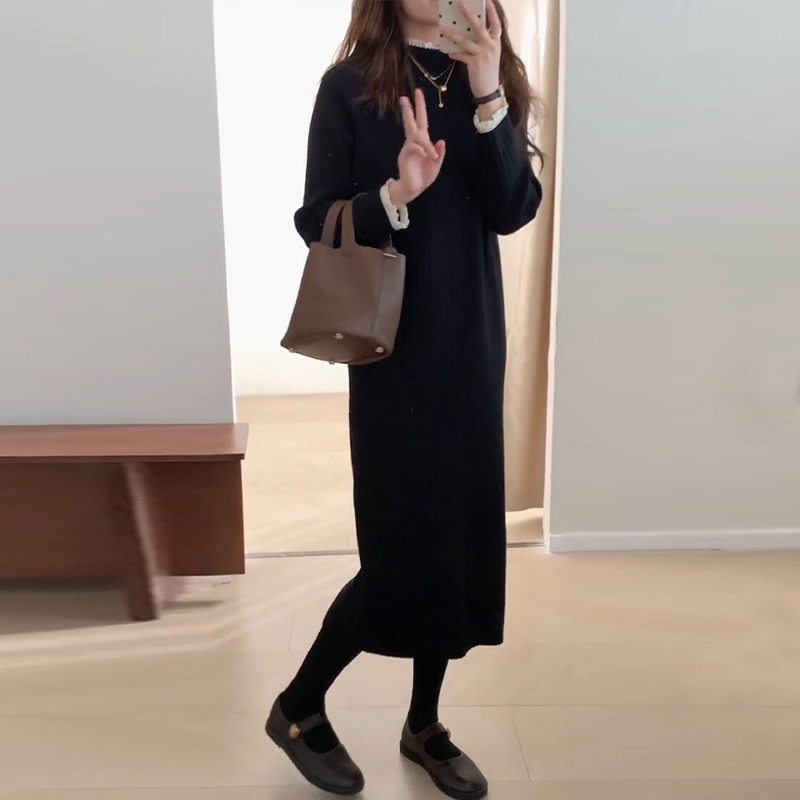 長款毛衣裙打底內搭黑色針織連衣裙子女秋冬季2023新款高級感長裙