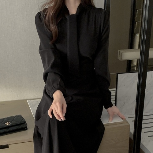 INS韩国东大门复古法式气质飘带收腰系带显瘦泡泡袖连衣裙