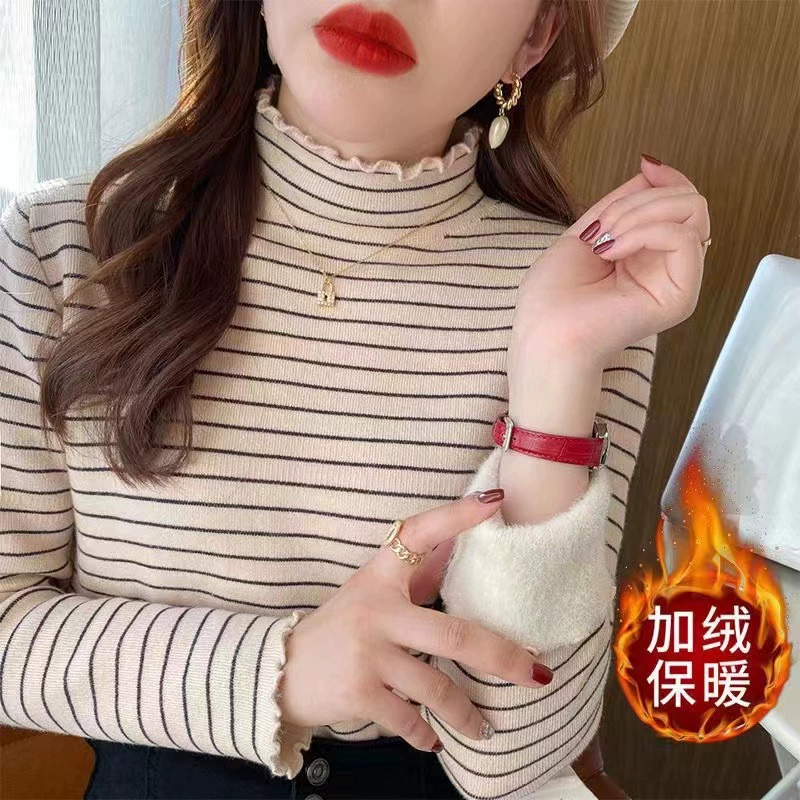 綿羊絨一體絨秋冬打底衫女冬加厚內搭條紋毛衣半高領木耳邊上衣