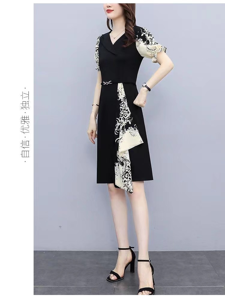 大碼女裝2023夏新款胖妹妹時尚印花拼接氣質百搭顯瘦中長款連衣裙