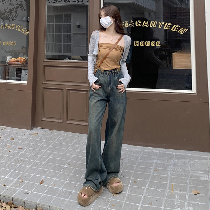 實拍~2024復古高腰多扣可調節直筒牛仔褲女美式百搭超柔拖地長褲