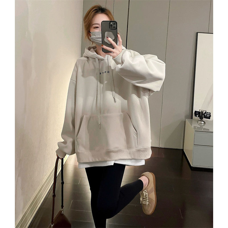 Chinese cotton composite silver fox velvet bag shoulder collar spring and autumn hooded printed sweatshirt