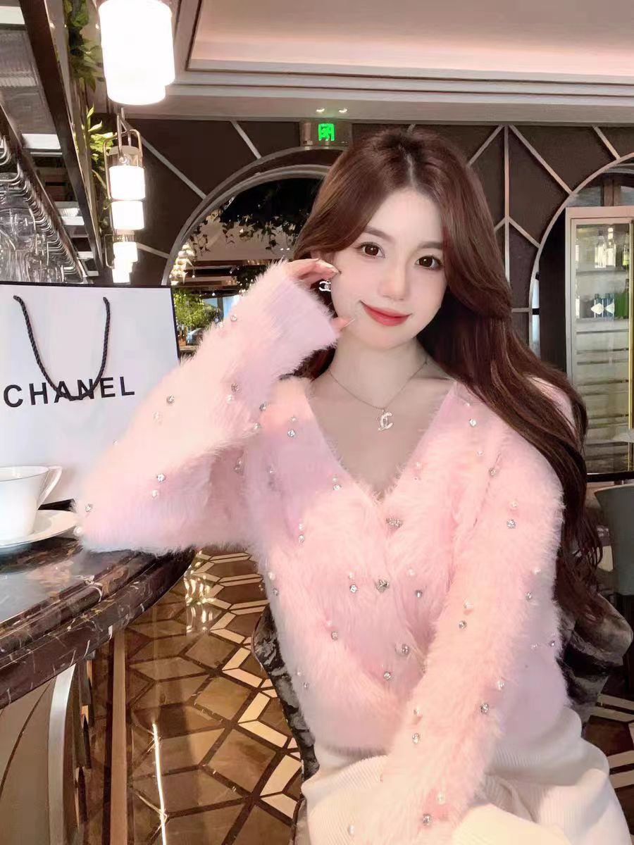 鍾菲菲貂絨毛衣女款2023新款秋冬慵懶風高級感超好看設計感開衫
