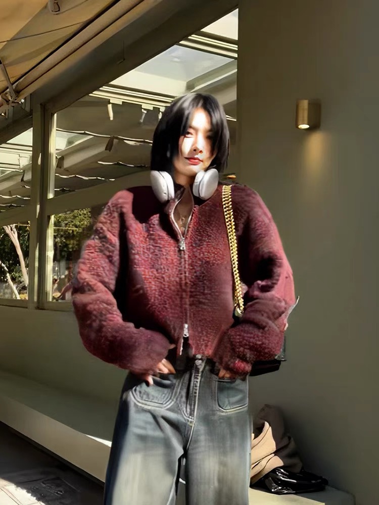 美拉德穿搭設計感雙拉鏈毛衣女2023秋冬季新款個性百搭羊羔毛外套