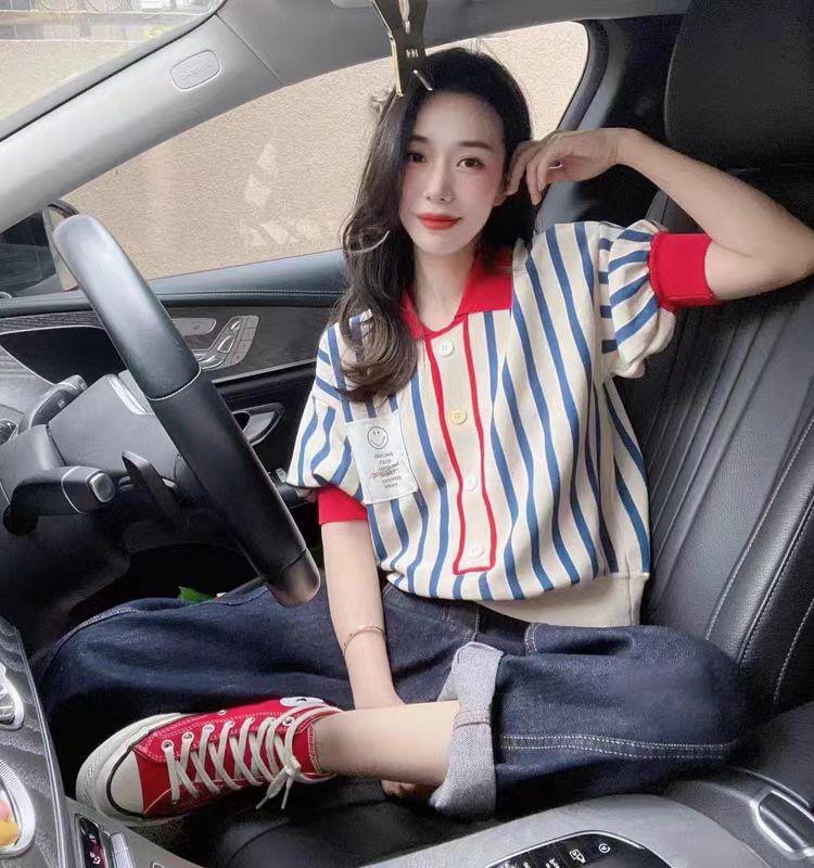 夏裝2023新款短款泡泡袖上衣高級感撞色條紋針織短袖polo領T恤女