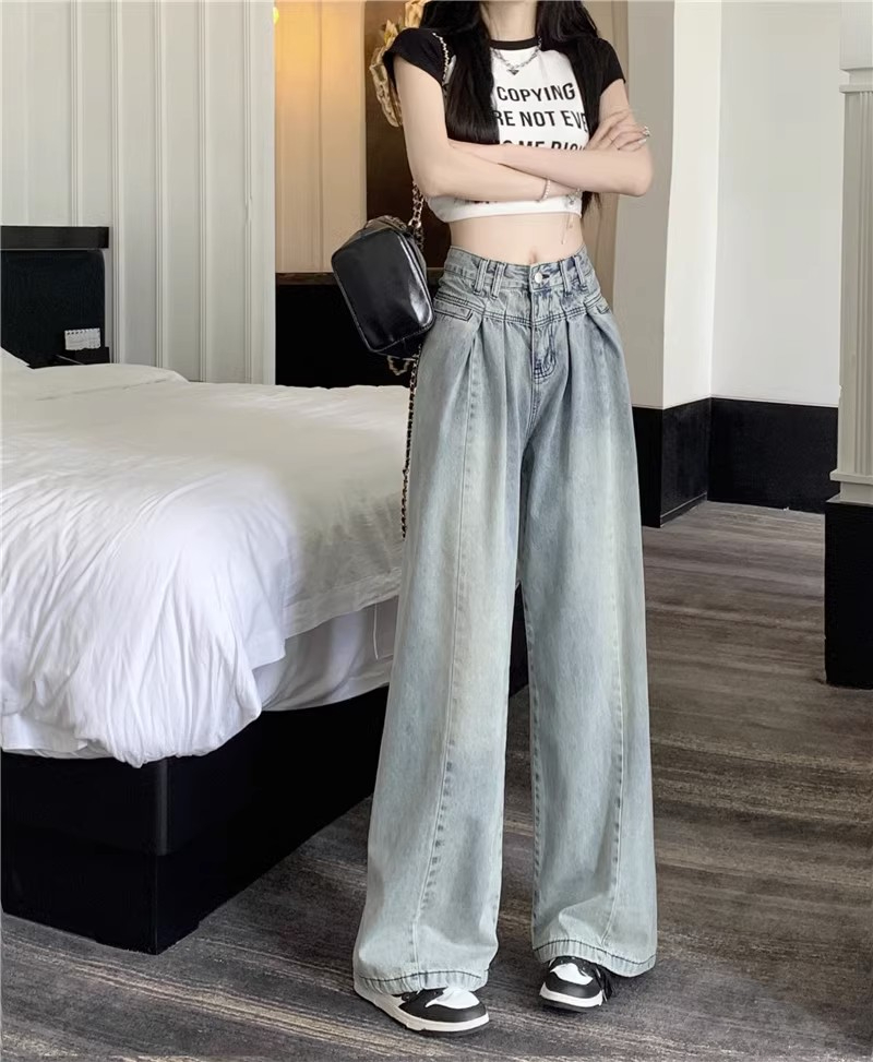 淺色美式復古牛仔闊腿褲女新款小個子高腰顯瘦寬鬆百搭垂感拖地褲