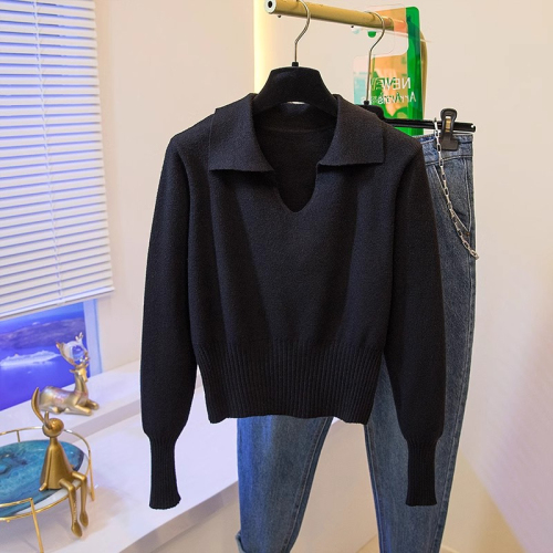 Korean style gray polo neck knitted bottoming shirt for women in autumn and winter small design V-neck sweater inner top