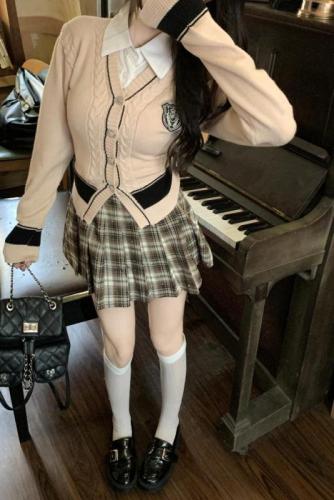 实拍 韩版学院风假两件V领短款长袖针织衫高腰亮片格子裙套装