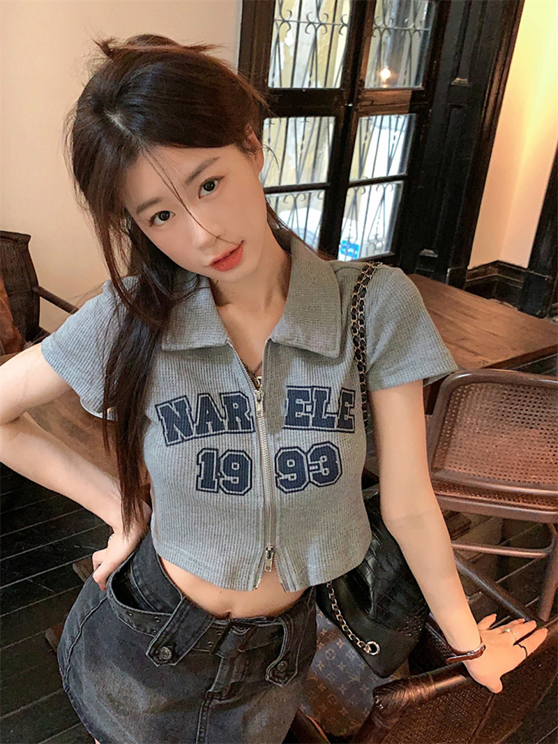 65華夫格 新款華夫格拉鏈開衫polo領短袖t恤女