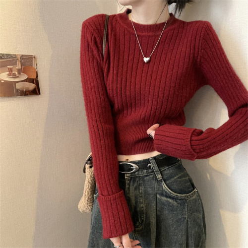 Real shot French round neck long-sleeved sweater for women autumn and winter pure desire knitted bottoming shirt thickened top