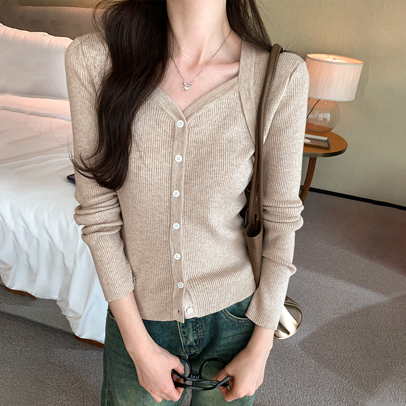 實拍圖小個子方領顯瘦收肩純色長袖針織衫女秋冬2023新款內搭上衣