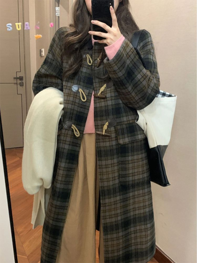 Horn button Korean style coat for women mid-length 2023 autumn and winter new style loose and small thickened plaid woolen coat