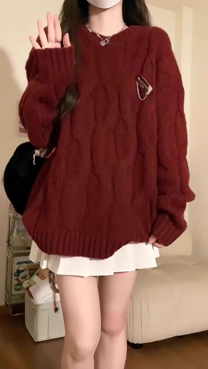 簡約聖誕新年紅色毛衣女秋冬新款寬鬆外穿麻花針織衫慵懶風上衣厚