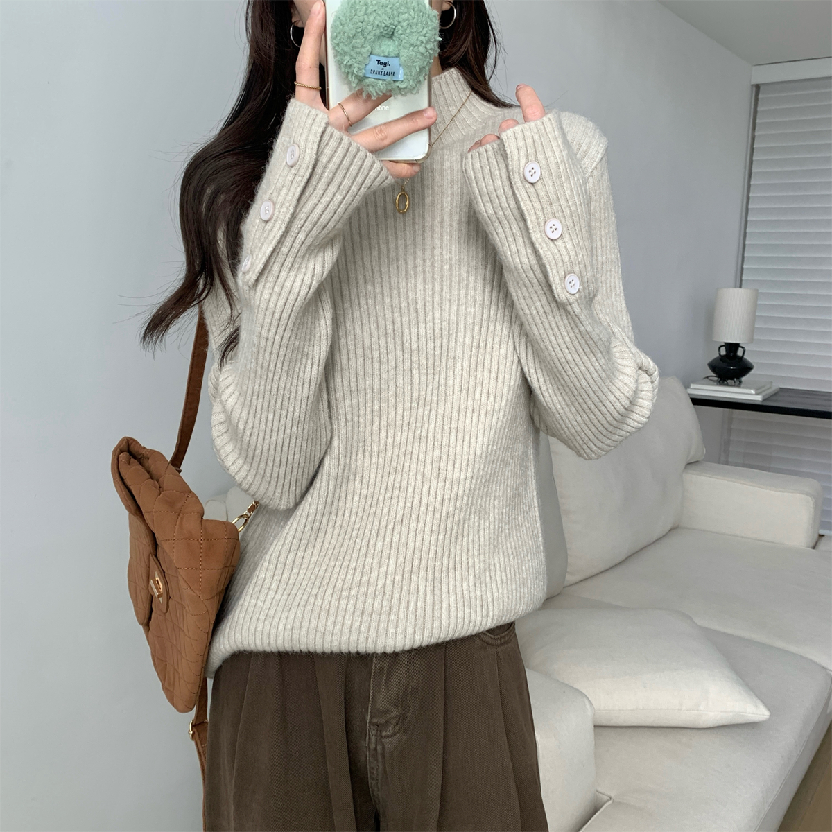 實拍 秋冬韓版寬鬆半高領紐扣內搭北極絨加厚針織打底衫毛衣