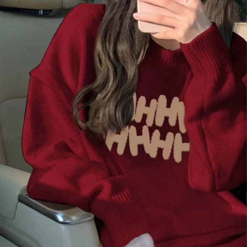 酒紅色毛衣女冬季加厚寬鬆慵懶風2024新款高級感超好看針織上衣潮