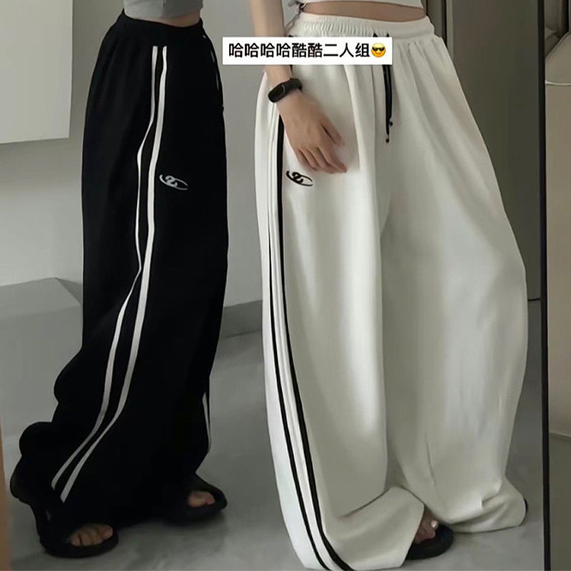 純棉華棉涮毛復真超秋冬運動拖地褲兩條槓刺繡休閒褲