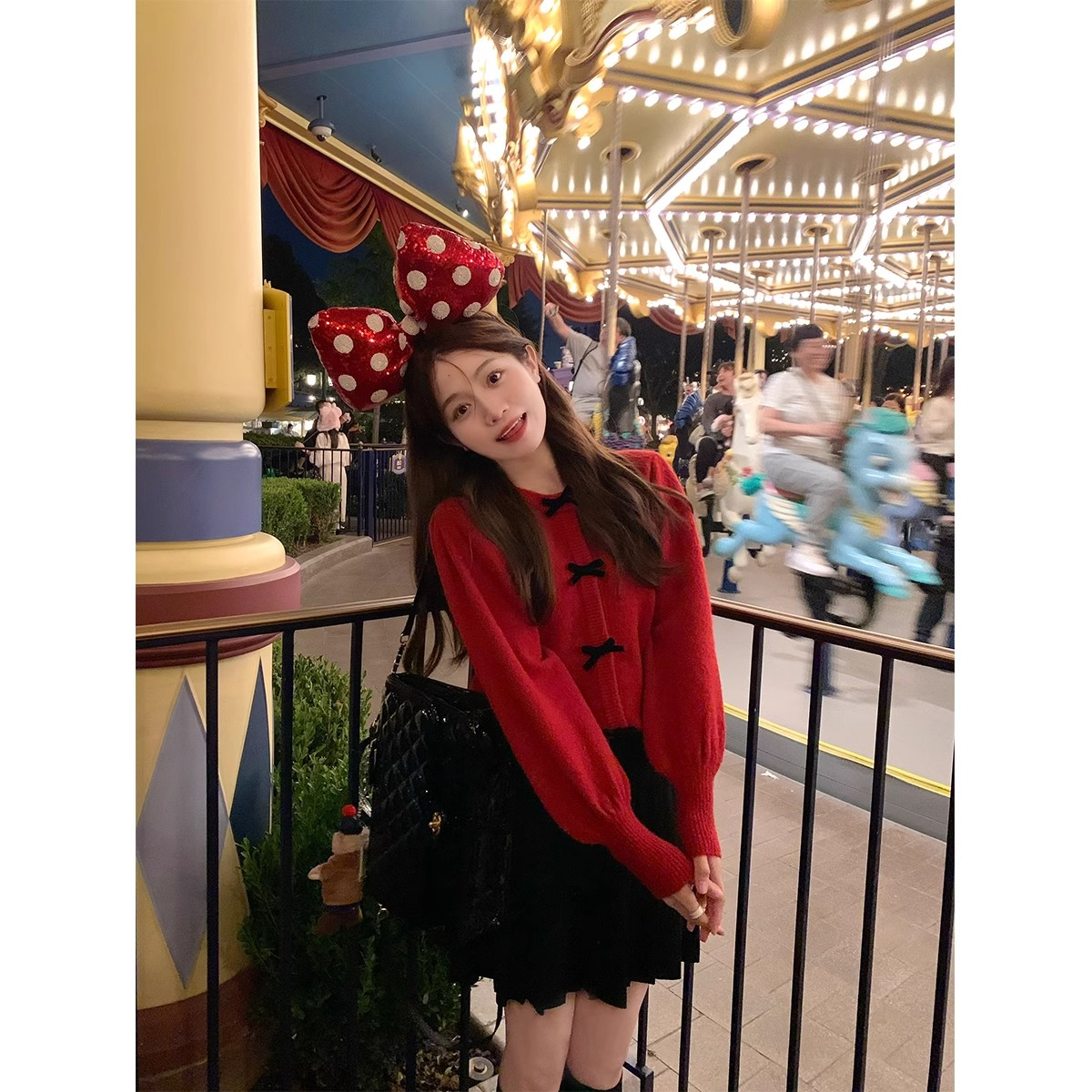 kumikumi甜美減齡燈籠袖毛衣外套女冬季蝴蝶結單排扣短款開衫上衣