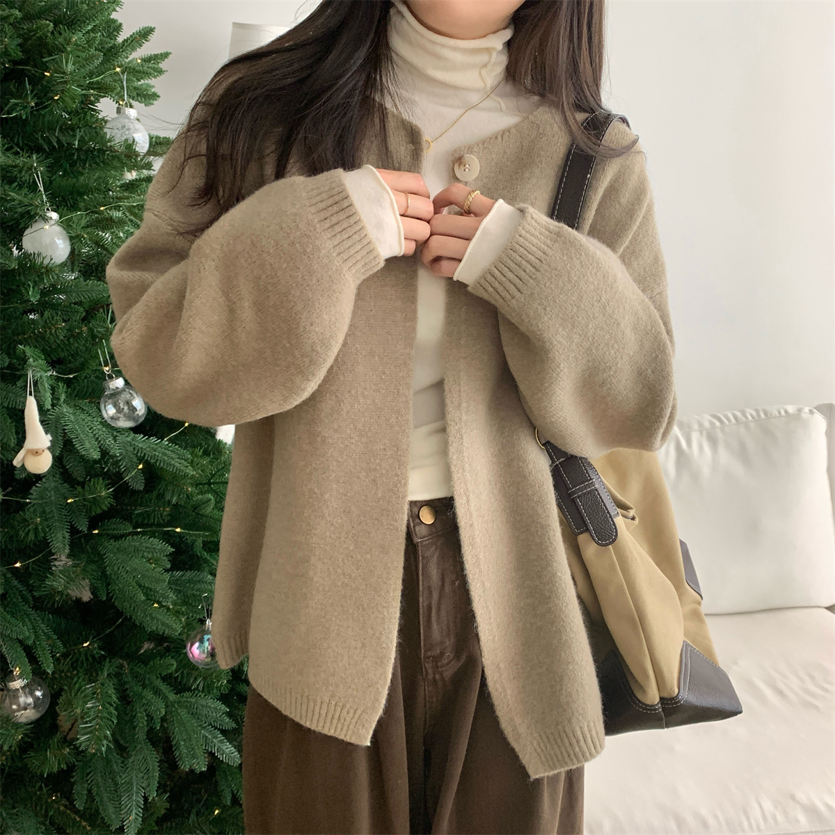 實拍 秋冬韓版寬鬆一粒扣氣質開衫北極絨針織毛衣外套女