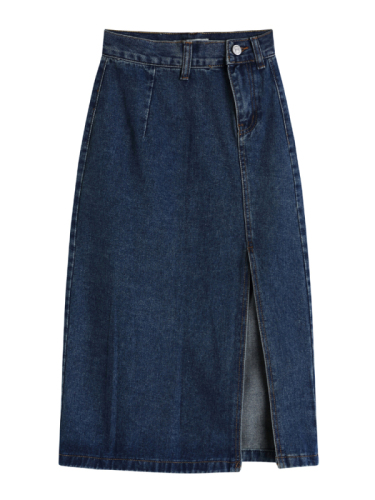 Actual shot of 2024 spring and summer new denim skirt for women high-waisted slimming slit mid-length blue slim-fit hip-hugging skirt