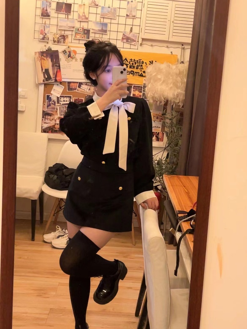 小香風套裝裙兩件套蝴蝶結燈芯絨外套富家千金女秋冬高腰半身短裙