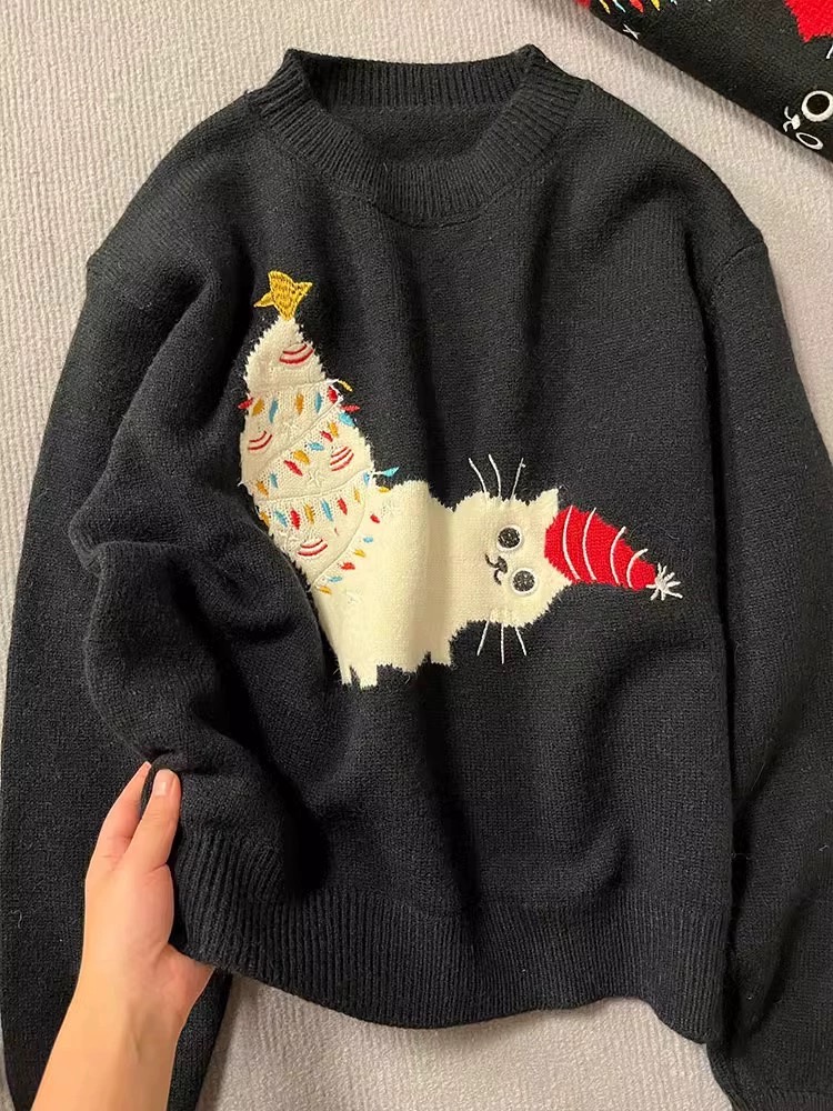 日系圓領聖誕貓刺繡套頭毛衣女秋冬季新款寬鬆甜美百搭針織衫上衣
