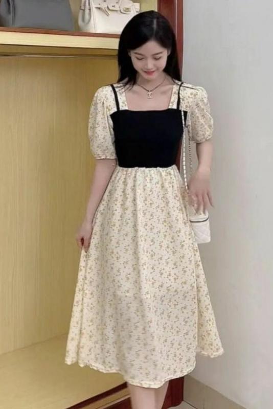 雪紡面料2023夏季短袖拼接連衣裙中長款淑女溫柔方領假兩件