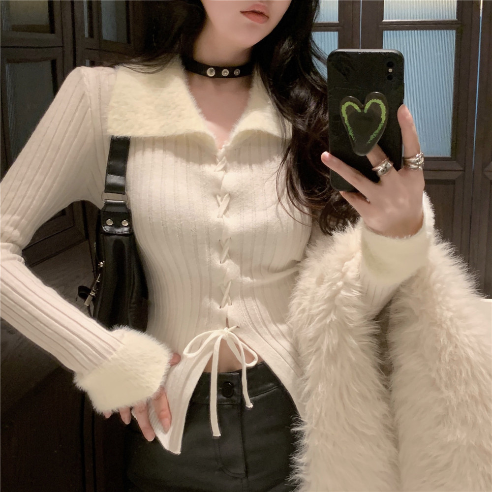 純欲辣妹毛毛上衣女秋冬小香風系帶針織打底衫內搭水貂絨毛衣外套