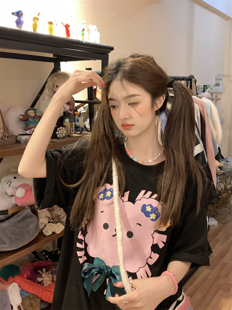 Back collar 200g pure cotton Korean style sweet and cute cartoon printed three-dimensional flower bow round neck loose T-shirt
