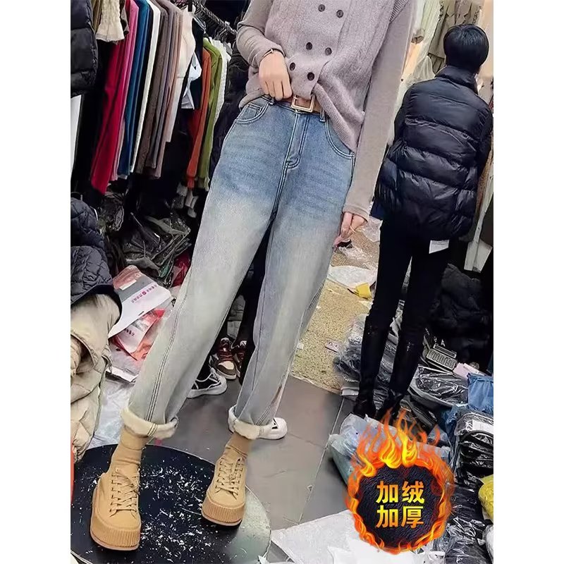 大碼女裝冬季新款加絨加厚老爹牛仔褲顯瘦胖mm梨形身材闊腿直筒褲