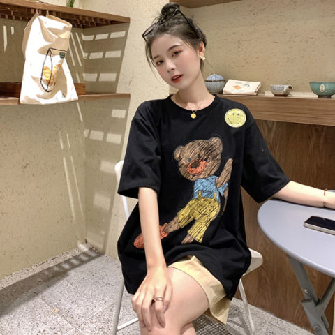 6535 Cotton Year New Cartoon Bear Printed T-shirt Women's Korean Style Student Printed Loose Top