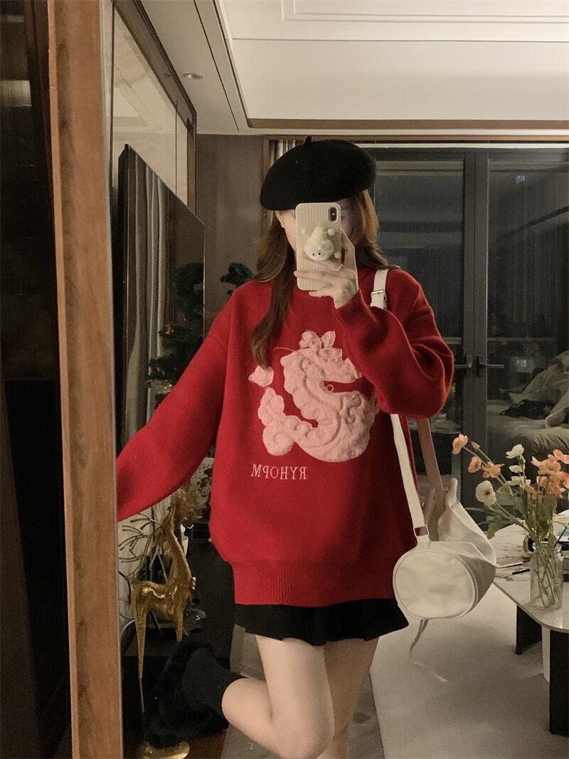 日系復古卡通刺繡紅色毛衣女秋冬季慵懶風軟糯寬鬆減齡針織衫
