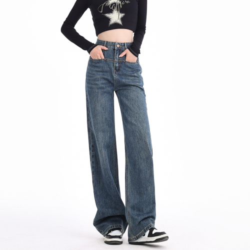 Actual shot ~ 2024 washed retro jeans for women, high-waisted, loose design, floor-length American drapey wide-leg trousers