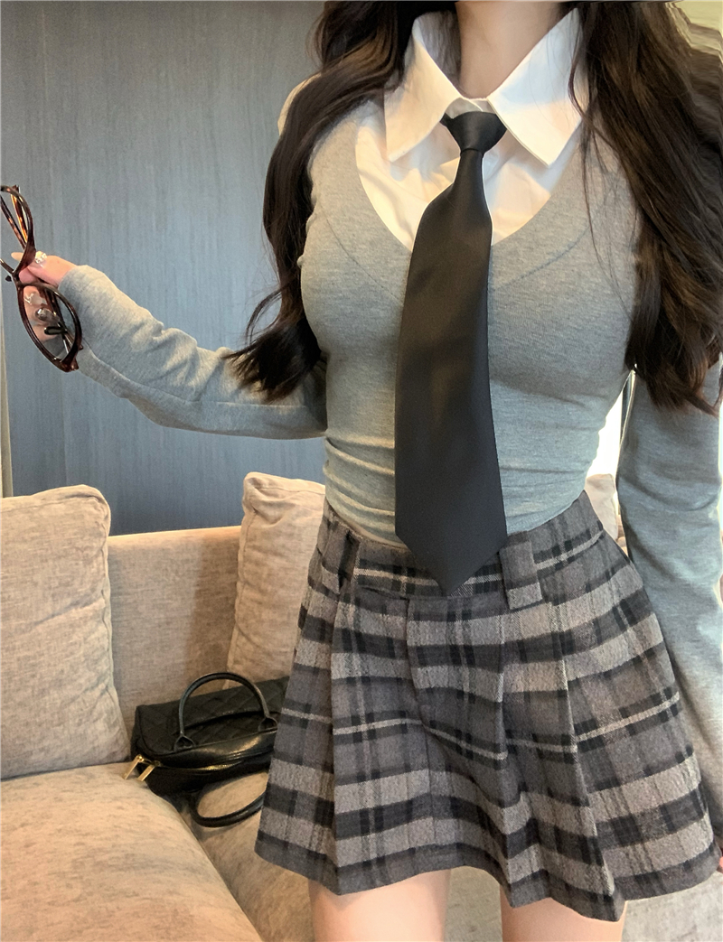 實拍 新款春季美式個性學院風長袖T恤修身收腰百搭襯衣送領帶