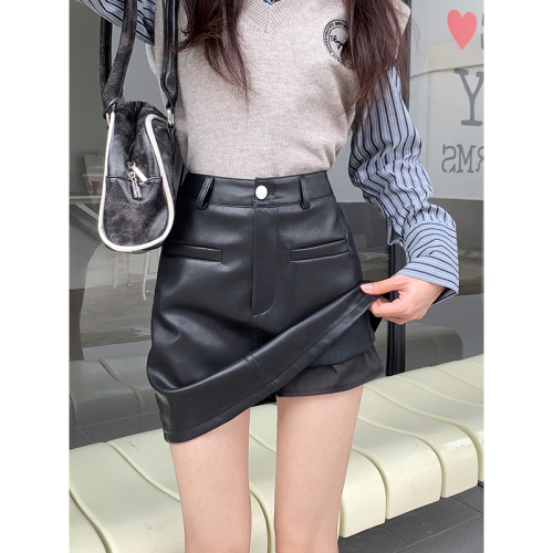 Real shot of leather skirt skirt for women  autumn and winter PU hip high waist short skirt