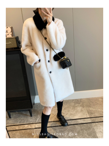 Black and white small fragrance style contrasting color coat sherpa coat women's mid-length Korean style coat versatile style