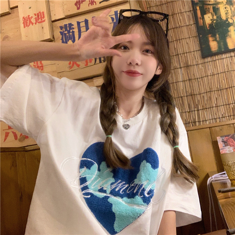 6535棉藍色美式復古愛心短袖T恤女2023新款網紅刺繡情侶裝ins潮