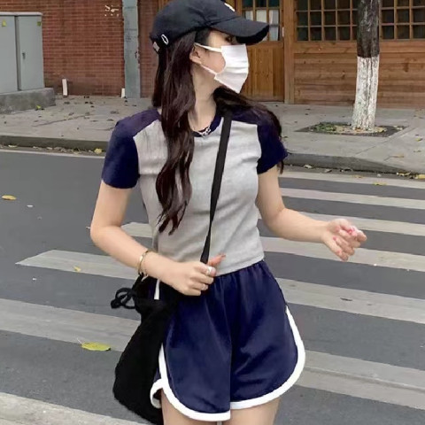 螺紋 撞色修身正肩短袖T恤女夏季插肩袖彈力基礎打底上衣