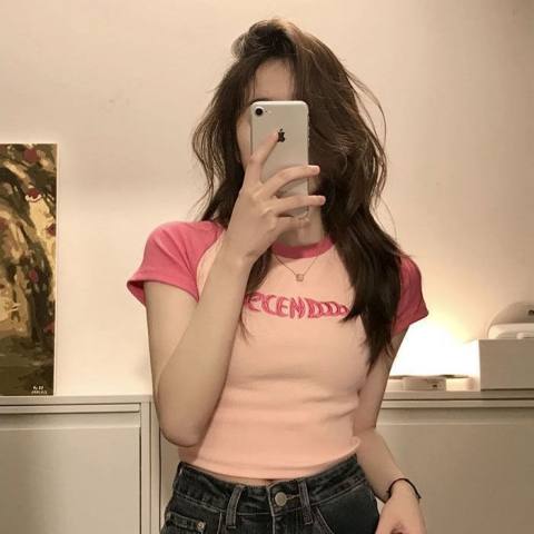 Official picture ice silk ribbed summer short style bm style slimming embroidery stitching contrasting colors