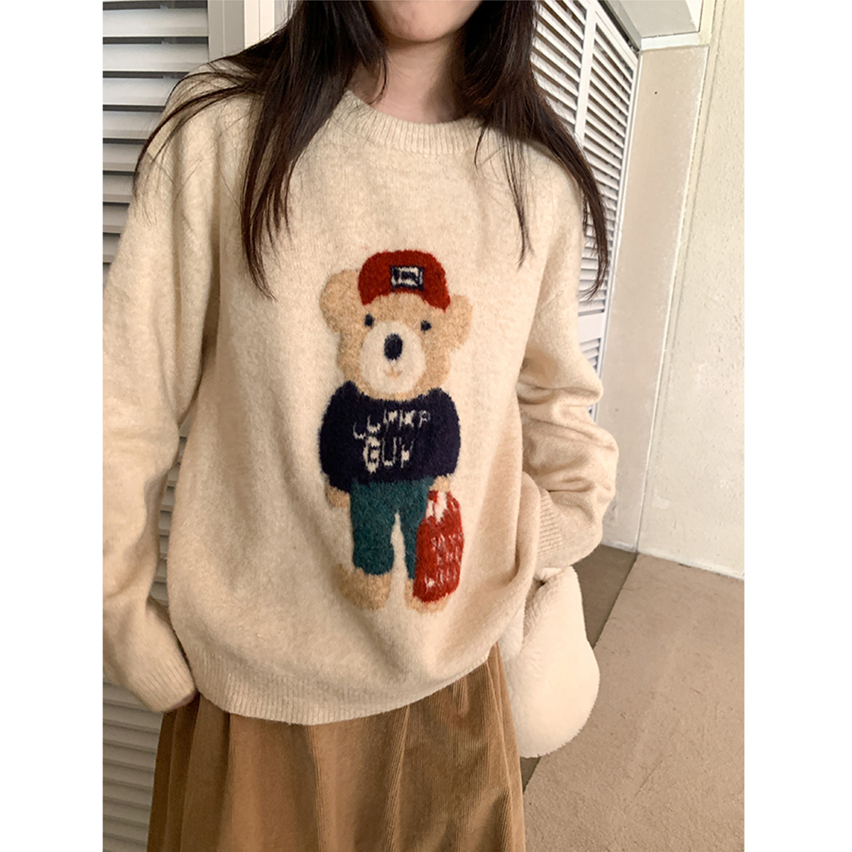 質檢官圖軟糯新款復古毛衣女秋冬日系慵懶風寬鬆外穿小熊上衣潮