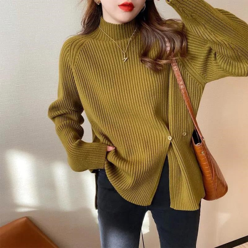 Half turtleneck pullover sweater autumn and winter new women's European loose bottoming shirt design slit button knitted top