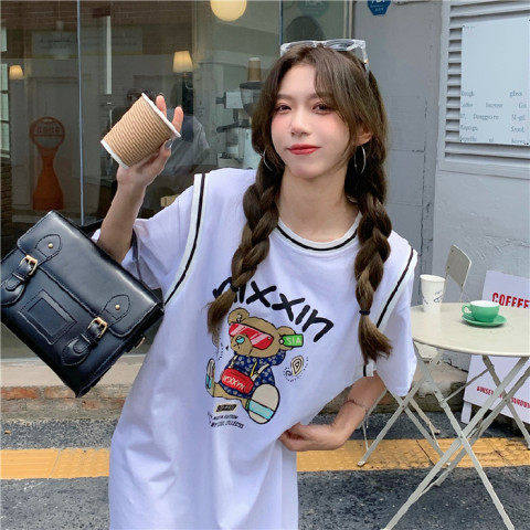 Fake two-piece short-sleeved T-shirt summer Korean version 2023 new loose mid-length bear print large size BF ball