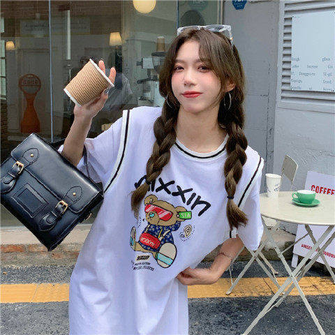 Fake two-piece short-sleeved T-shirt summer Korean version  new loose mid-length bear print large size BF ball