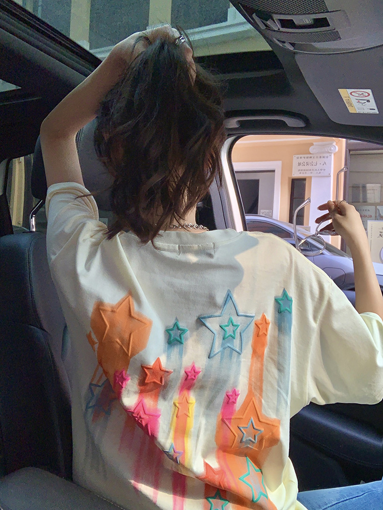 26 count combed cotton 200g colorful spray painted graffiti stars foam printed loose T-shirt