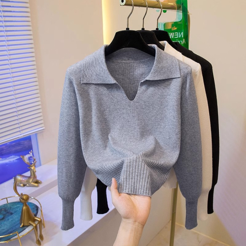 Korean style gray polo neck knitted bottoming shirt for women in autumn and winter small design V-neck sweater inner top